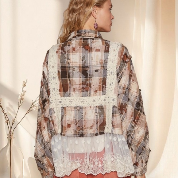 POL Lace Trim Plaid Jacket (Mocha Multi) - Picture 6 of 9
